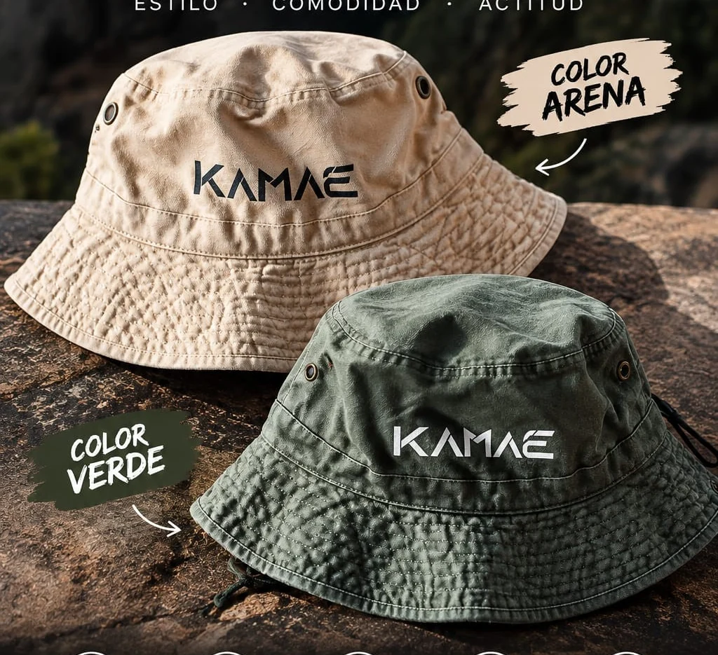 Gorros bucket KAMAE en colores arena y verde